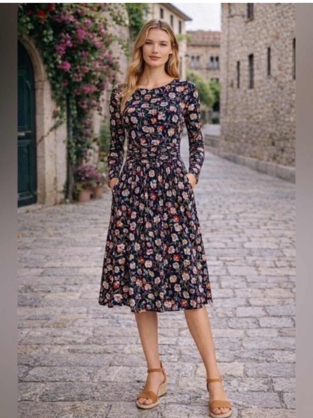 Boden "Abigail" Navy Blue Floral Jersey Knit Long Sleeve Midi Dress size 10